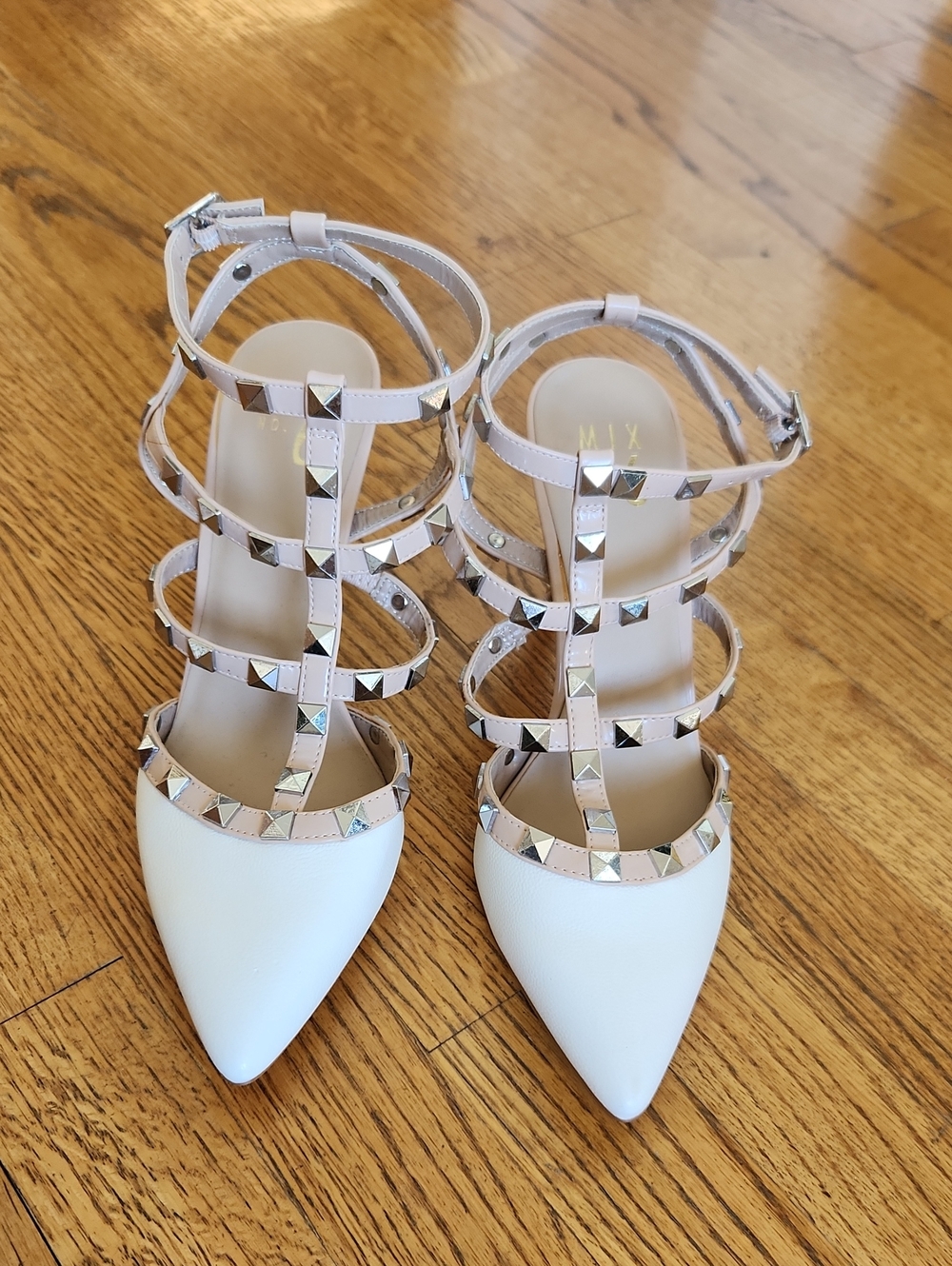 Mix No. 6 White Pointed-Toe Studded Strappy Heels